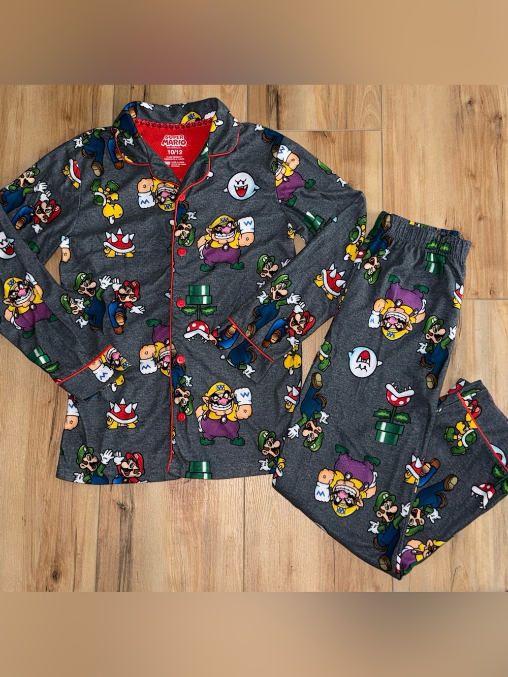 Nintendo Super Mario Print Charcoal Gray Kids Pajama Set Flannel Large 10/12